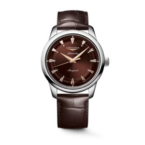 Longines automatic Conquest wristwatch with a brown dial, silver case, and brown leather strap.