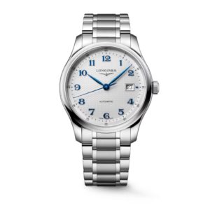 Stainless steel Longines wristwatch with white textured dial, blue hands, and a date window at 3 o'clock.