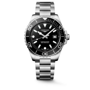 Longines HydroConquest stainless steel dive watch with black dial, rotating bezel, and date window on a metal bracelet