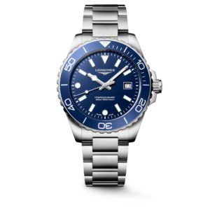 Longines HydroConquest stainless steel diving watch with blue dial, unidirectional bezel and date window at 3 o'clock.