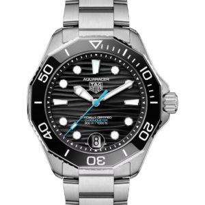 TAG Heuer Aquaracer stainless steel wristwatch with a black textured dial, rotating bezel, and blue second hand, showing date at 6 o'clock