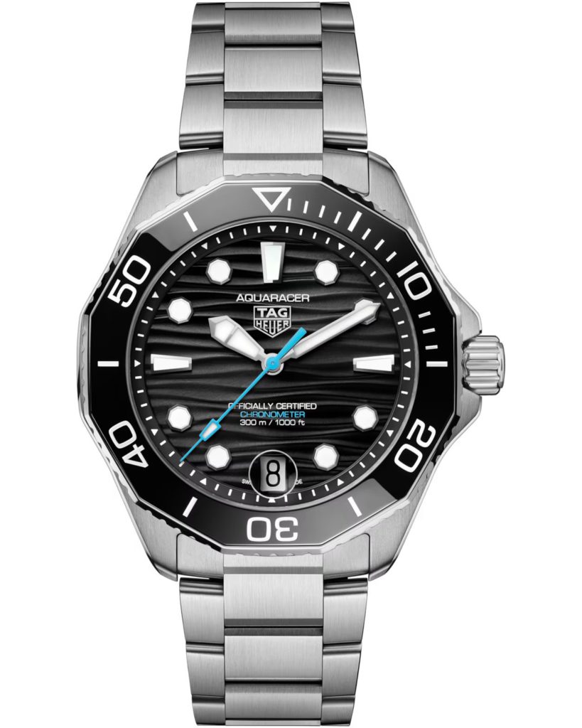 TAG Heuer Aquaracer stainless steel wristwatch with a black textured dial, rotating bezel, and blue second hand, showing date at 6 o'clock