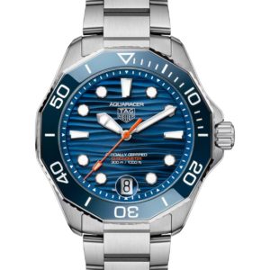 TAG Heuer Aquaracer stainless steel dive watch with blue bezel and dial, orange second hand, and date at 6 o'clock onscreen badge.