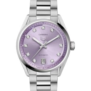 TAG Heuer Carrera automatic watch with a lavender dial, diamond hour markers, and a stainless steel bracelet.
