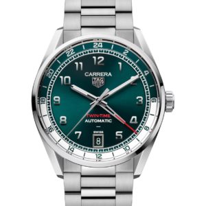 Stainless steel TAG Heuer Carrera twin-time automatic watch with a teal dial and date window