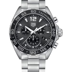 TAG Heuer stainless steel chronograph watch with black dial and tachymeter bezel, on a metal bracelet.