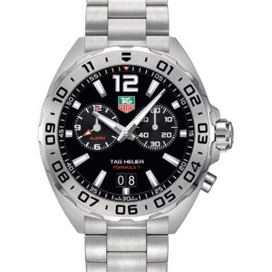 Stainless steel Tag Heuer Formula 1 chronograph watch with black dial and three subdials, date window at 6 o'clock, and silver bezel.