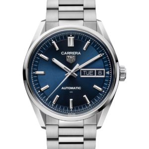 TAG Heuer Carrera automatic wristwatch with a blue dial and stainless steel bracelet.
