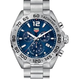 Stainless steel TAG Heuer chronograph watch with a blue dial and tachymeter bezel.