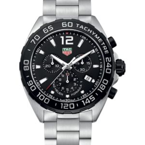 TAG Heuer stainless steel chronograph wristwatch with a black dial, three subdials, date window at 4 o'clock, and a tachymeter bezel.