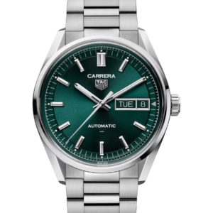 Stainless steel TAG Heuer Carrera automatic watch with a green dial, day/date display, and metal bracelet.