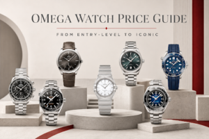 Omega watch price guide cover showing eight luxury watches arranged on beige pedestals