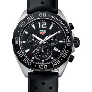 Sporty TAG Heuer chronograph watch with a black dial, tachymeter bezel, and perforated black strap.