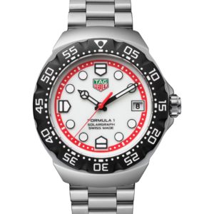 TAG Heuer Formula 1 watch with white dial, red inner ring, black bezel, and stainless steel bracelet; date at 3 o'clock.