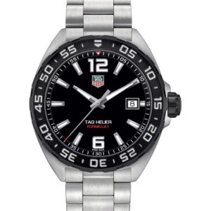 TAG Heuer Formula 1 watch with black dial, stainless steel bracelet, and rotating bezel showing date at 3 o'clock