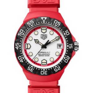 Red TAG Heuer Formula 1 watch with white dial, black bezel, and red strap; features date window at 3 o'clock and luminous hands.