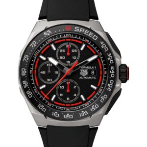 TAG Heuer Formula 1 automatic chronograph watch with black dial, red accents, stainless steel case, and black strap.
