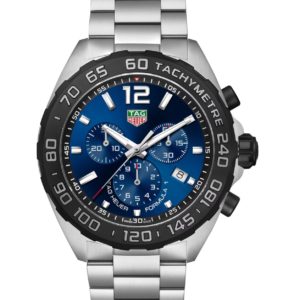 TAG Heuer chronograph watch with blue dial, stainless steel bracelet, and tachymeter bezel showing subdials and date window.