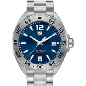 Stainless steel TAG Heuer Formula 1 wristwatch with blue dial, silver indices, and date window at 3 o'clock.