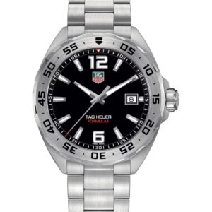 Stainless steel TAG Heuer Formula 1 wristwatch with a black dial, silver hour markers, and a date window at 3 o'clock on a brushed bracelet.