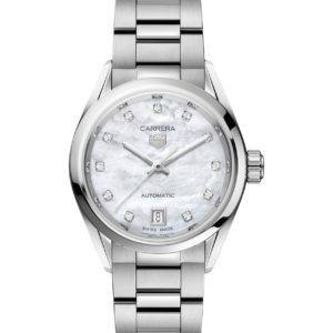 Stainless steel TAG Heuer Carrera wristwatch with diamond hour markers and date window at 6 o'clock.