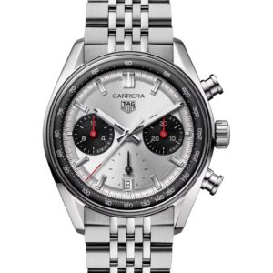 TAG Heuer Carrera stainless steel chronograph watch with silver dial, black subdials, date window at 6, and metal bracelet.