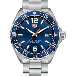 TAG Heuer Formula 1 wristwatch with blue dial, date window, and silver stainless steel bracelet Photos detail shot of the watch face and bezel.